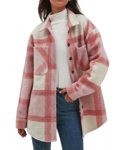 Women's Casual Flannel Plaid Shacket Button Down Long Sleeve Shirt Jacket Coats with Pockets 7120-pink $23.03 Blouses