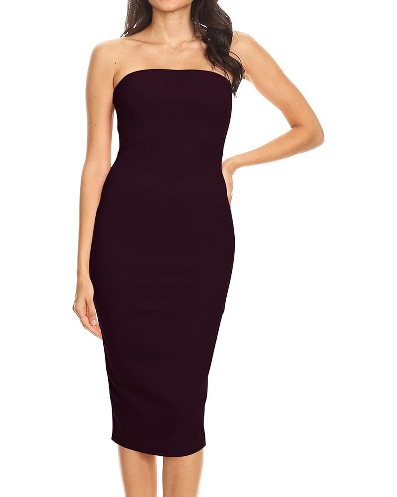 Women's Elastic Tube Top Strapless Basic Casual Solid Slim Bodycon Midi Dress S-3XL Hdr00857 Plum $9.22 Dresses