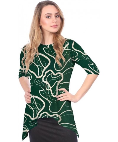 Women’s High Neck Tunic Top with Three Quarter Sleeve and Handkerchief Hem Modest Green / White Curves $20.24 Tops