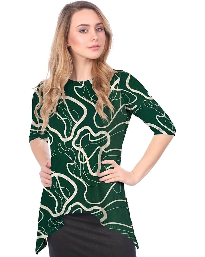 Women’s High Neck Tunic Top with Three Quarter Sleeve and Handkerchief Hem Modest Green / White Curves $20.24 Tops