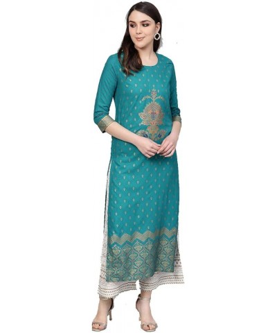 Indian Kurta Set for Women Designer Straight 3/4 Sleeves Kurta Tunic Tops with Palazzos Teal Blue & White $34.51 Tops