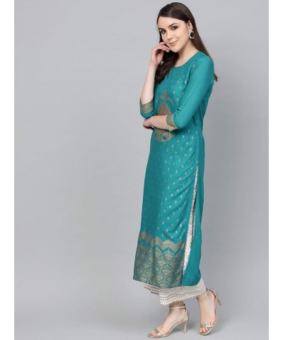 Indian Kurta Set for Women Designer Straight 3/4 Sleeves Kurta Tunic Tops with Palazzos Teal Blue & White $34.51 Tops