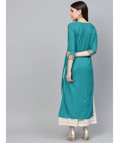 Indian Kurta Set for Women Designer Straight 3/4 Sleeves Kurta Tunic Tops with Palazzos Teal Blue & White $34.51 Tops