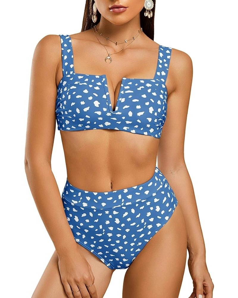 Womens Sexy Two Piece Leopard Printed Swimsuits High Waisted High Cut Padded Bikini Set Bathing Suits Za Blue $14.87 Swimsuits