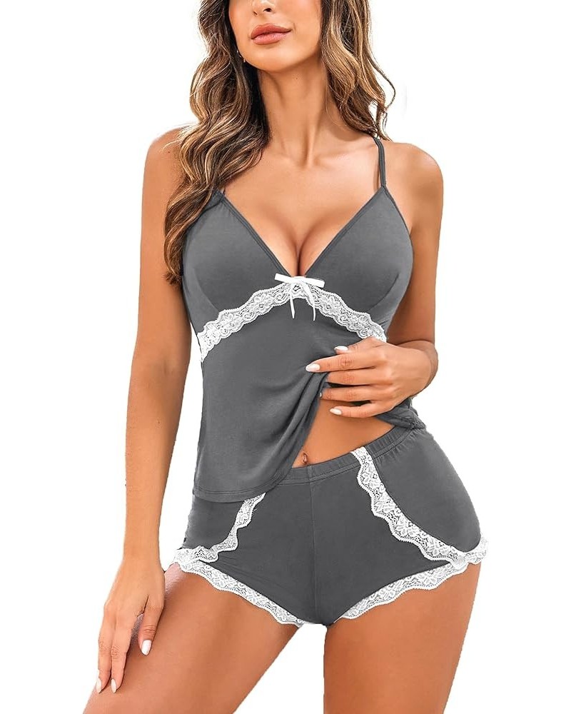 Sexy Pajamas for Women Modal Sleepwear Cami Sleep Set Lace Trim Short Pjs Sets with Shorts S~XXL Grey $15.59 Sleep & Lounge