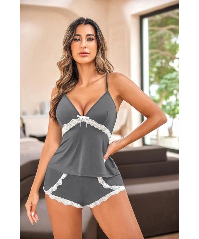 Sexy Pajamas for Women Modal Sleepwear Cami Sleep Set Lace Trim Short Pjs Sets with Shorts S~XXL Grey $15.59 Sleep & Lounge