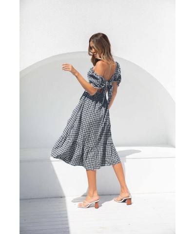 Women's Boho Tie Back Dress Back Bow Summer Plaid Dress Elastic Square Neck Backless Beach Flowy Ruffle Midi Long Black $15.2...