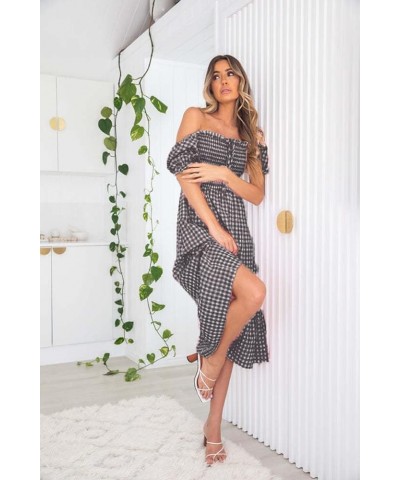 Women's Boho Tie Back Dress Back Bow Summer Plaid Dress Elastic Square Neck Backless Beach Flowy Ruffle Midi Long Black $15.2...