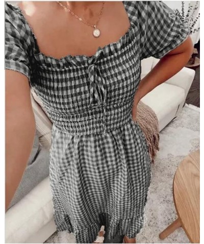 Women's Boho Tie Back Dress Back Bow Summer Plaid Dress Elastic Square Neck Backless Beach Flowy Ruffle Midi Long Black $15.2...