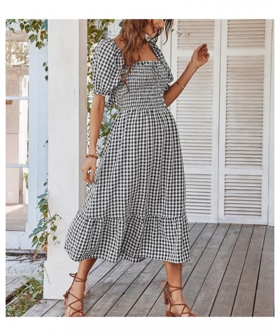 Women's Boho Tie Back Dress Back Bow Summer Plaid Dress Elastic Square Neck Backless Beach Flowy Ruffle Midi Long Black $15.2...