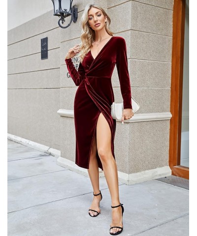 Womens Wrap V Neck Long Sleeve Velvet Dress Cocktail Party Ruched Split Bodycon Wedding Guest Dresses Wine-red $14.10 Dresses