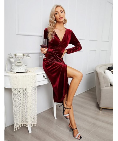 Womens Wrap V Neck Long Sleeve Velvet Dress Cocktail Party Ruched Split Bodycon Wedding Guest Dresses Wine-red $14.10 Dresses