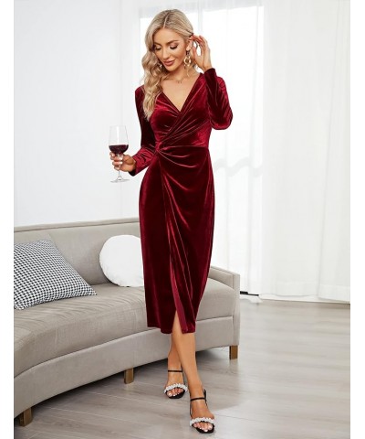 Womens Wrap V Neck Long Sleeve Velvet Dress Cocktail Party Ruched Split Bodycon Wedding Guest Dresses Wine-red $14.10 Dresses