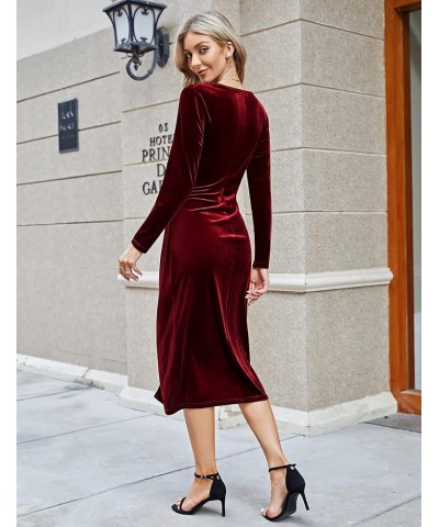 Womens Wrap V Neck Long Sleeve Velvet Dress Cocktail Party Ruched Split Bodycon Wedding Guest Dresses Wine-red $14.10 Dresses