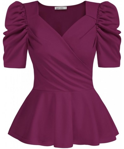 2024 Womens Summer Tops Elegant Peplum Top Wrap V Neck Puff Short Sleeve Shirts Tops Blouse Dark Purple $12.52 Blouses