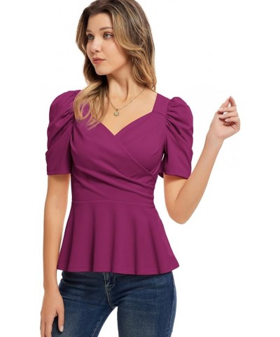 2024 Womens Summer Tops Elegant Peplum Top Wrap V Neck Puff Short Sleeve Shirts Tops Blouse Dark Purple $12.52 Blouses