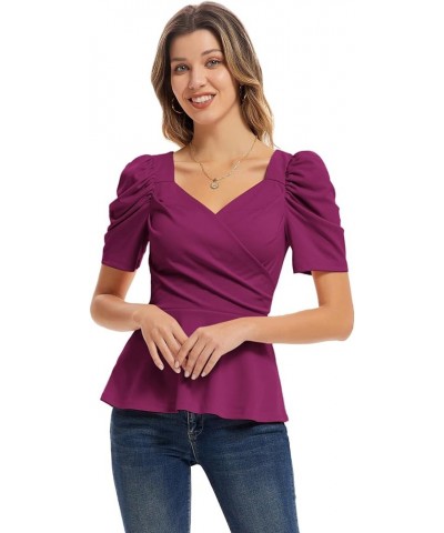 2024 Womens Summer Tops Elegant Peplum Top Wrap V Neck Puff Short Sleeve Shirts Tops Blouse Dark Purple $12.52 Blouses