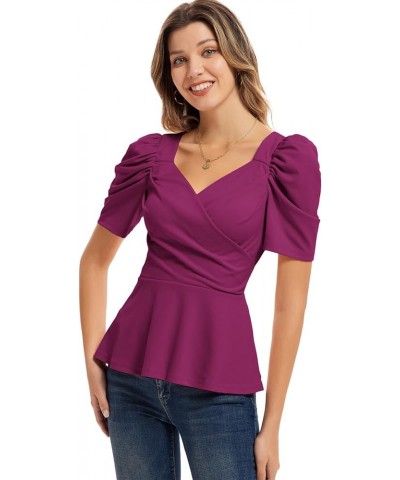 2024 Womens Summer Tops Elegant Peplum Top Wrap V Neck Puff Short Sleeve Shirts Tops Blouse Dark Purple $12.52 Blouses