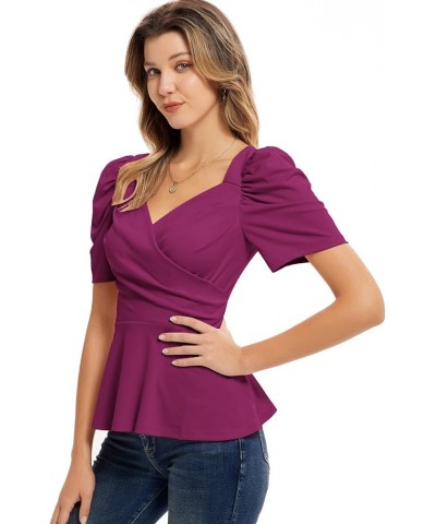 2024 Womens Summer Tops Elegant Peplum Top Wrap V Neck Puff Short Sleeve Shirts Tops Blouse Dark Purple $12.52 Blouses