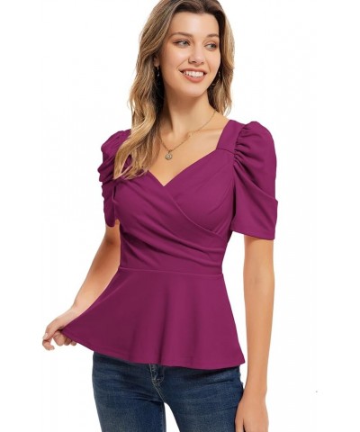 2024 Womens Summer Tops Elegant Peplum Top Wrap V Neck Puff Short Sleeve Shirts Tops Blouse Dark Purple $12.52 Blouses