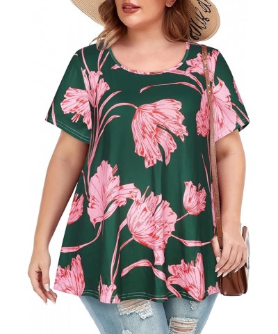 Plus Size Tops for Women Tunic Floral Casual Short Sleeves T Shirts Flowy Blouses Green Pink Flower $10.32 Tops