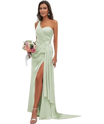 Women's Silk Satin Bridesmaid Dresses Long with Slit One Shoulder Formal Dresses Pleated Mermaid Party Dresses PF07 Mint Gree...