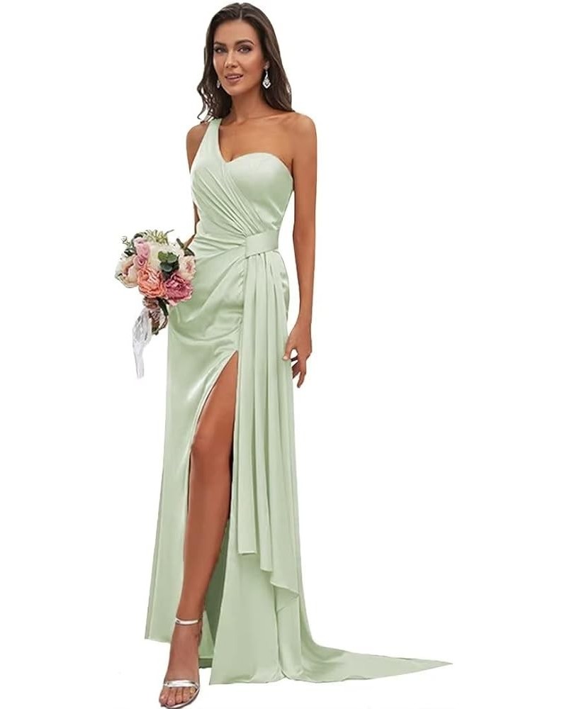 Women's Silk Satin Bridesmaid Dresses Long with Slit One Shoulder Formal Dresses Pleated Mermaid Party Dresses PF07 Mint Gree...