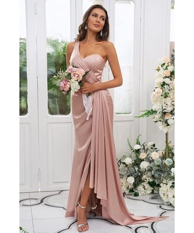 Women's Silk Satin Bridesmaid Dresses Long with Slit One Shoulder Formal Dresses Pleated Mermaid Party Dresses PF07 Mint Gree...