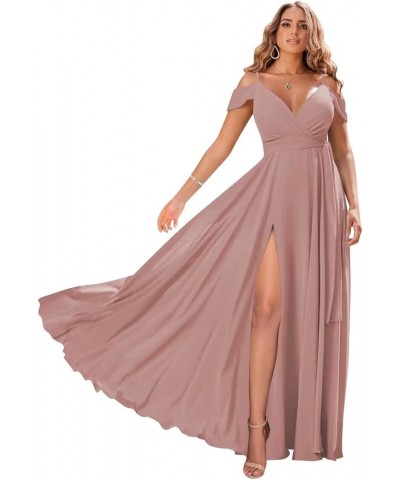 Off Shoulder Bridesmaid Dresses for Women Pleated Chiffon Long Formal Wedding Guests Dresses with Slit Dusty Rose $25.30 Dresses