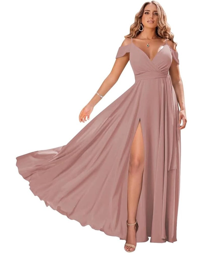 Off Shoulder Bridesmaid Dresses for Women Pleated Chiffon Long Formal Wedding Guests Dresses with Slit Dusty Rose $25.30 Dresses