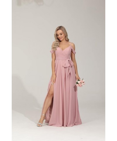 Off Shoulder Bridesmaid Dresses for Women Pleated Chiffon Long Formal Wedding Guests Dresses with Slit Dusty Rose $25.30 Dresses