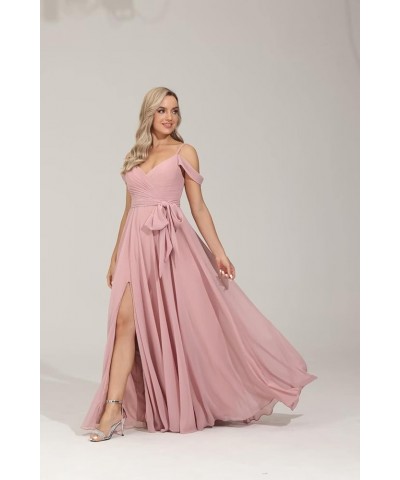 Off Shoulder Bridesmaid Dresses for Women Pleated Chiffon Long Formal Wedding Guests Dresses with Slit Dusty Rose $25.30 Dresses