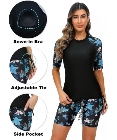 Women's Two Piece Rash Guard Short Sleeve Swim Shirts UPF 50+ Built in Bra Swimsuit with Boyshorts with Pockets Black & Blue ...