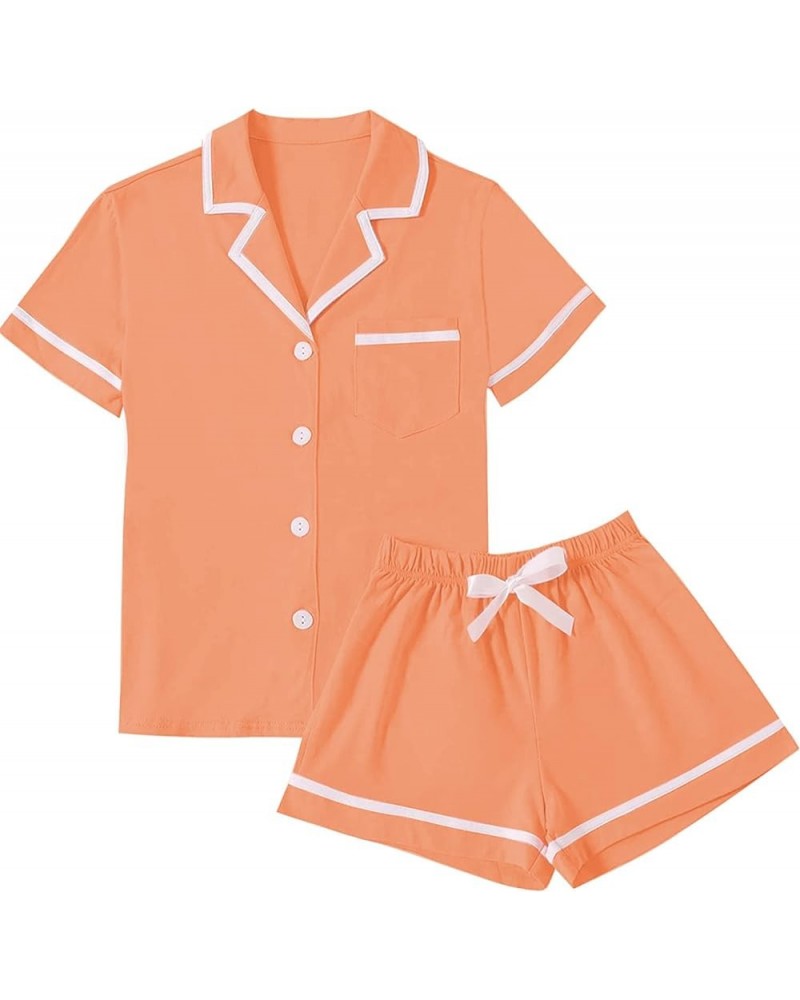 Women's Cotton Pajamas Set Button Short Sleeve Shirt with Shorts Set PJs Loungewear Light Orange $12.00 Sleep & Lounge