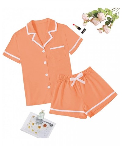 Women's Cotton Pajamas Set Button Short Sleeve Shirt with Shorts Set PJs Loungewear Light Orange $12.00 Sleep & Lounge