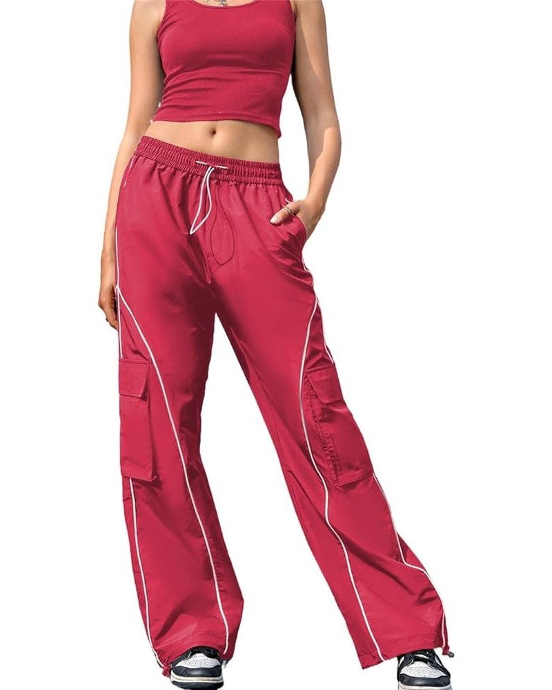 Wide Leg Cargo Pants for Women Baggy Lightweight Drawstring Jogger Pants Trousers with Pockets Pink $21.45 Pants