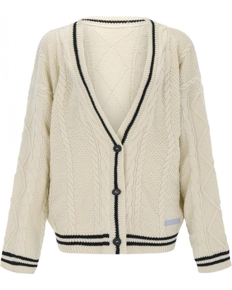 Women Open Front Cable Knit Cardigan Long Sleeve Button Down Sweater V Neck Striped Sweater Coat Oversized A Beige White $23....