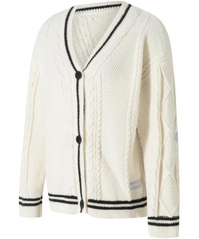 Women Open Front Cable Knit Cardigan Long Sleeve Button Down Sweater V Neck Striped Sweater Coat Oversized A Beige White $23....