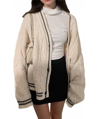 Women Open Front Cable Knit Cardigan Long Sleeve Button Down Sweater V Neck Striped Sweater Coat Oversized A Beige White $23....