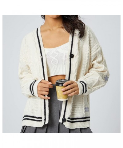 Women Open Front Cable Knit Cardigan Long Sleeve Button Down Sweater V Neck Striped Sweater Coat Oversized A Beige White $23....