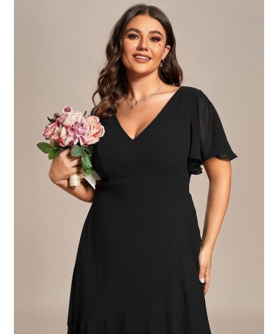 Women's V Neck Short Sleeve A-line Semi Fomal Dress for Wedding Guest 01749-DA Black $39.12 Dresses