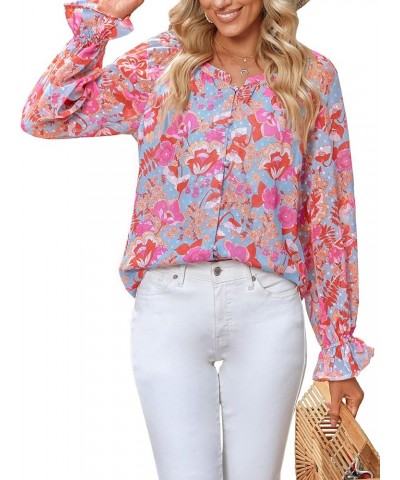 luvamia Blouses for Women Dressy Casual Button Down Blouse Floral Peasant Tops Lantern Ruffle Long Sleeve Shirts Sky Blue and...