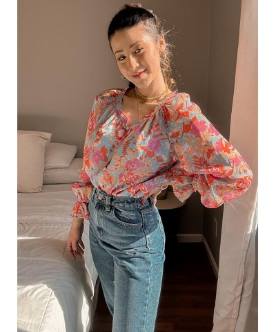 luvamia Blouses for Women Dressy Casual Button Down Blouse Floral Peasant Tops Lantern Ruffle Long Sleeve Shirts Sky Blue and...