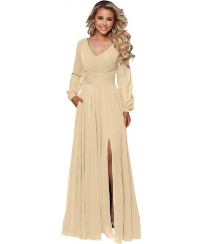 Women's Long Sleeve Bridesmaid Dresses for Wedding V Neck Chiffon A Line Formal Dress Evening Gown Champagne $23.65 Dresses