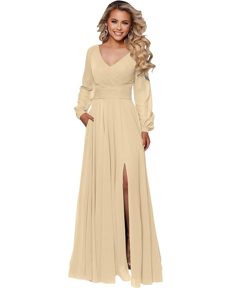 Women's Long Sleeve Bridesmaid Dresses for Wedding V Neck Chiffon A Line Formal Dress Evening Gown Champagne $23.65 Dresses