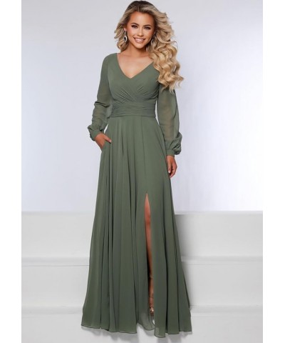 Women's Long Sleeve Bridesmaid Dresses for Wedding V Neck Chiffon A Line Formal Dress Evening Gown Champagne $23.65 Dresses