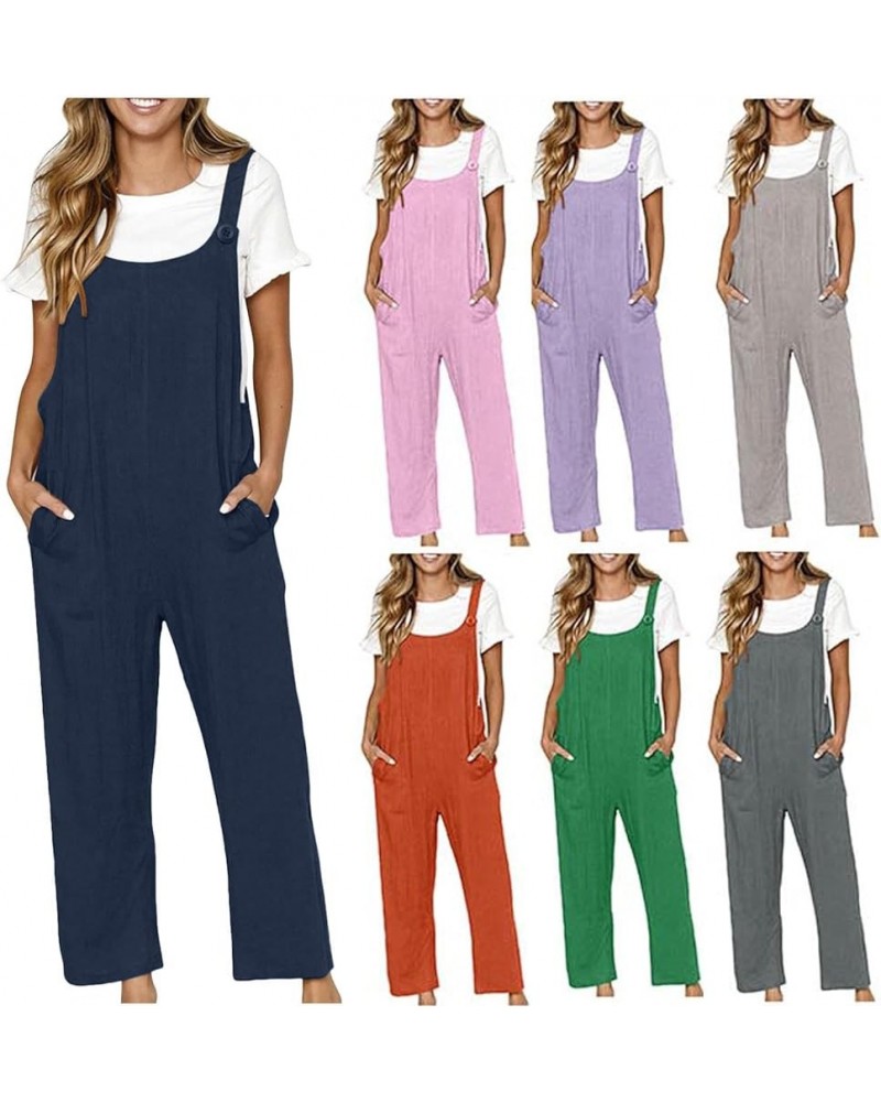 Casual Rompers for Women Long Pant Cotton Linen Overalls Rompers Preppy Loungewear Spring Clothes for Women 2024 A Navy Women...