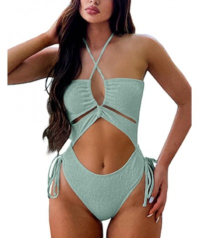 Womens One Piece Swimsuit Sexy Ribbed Monokini High Waisted Cutout Bathing Suit Light Green $16.10 Swimsuits