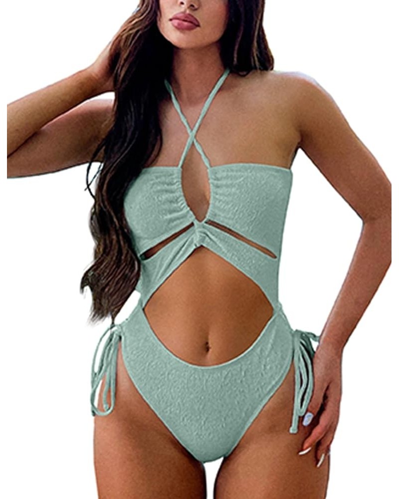 Womens One Piece Swimsuit Sexy Ribbed Monokini High Waisted Cutout Bathing Suit Light Green $16.10 Swimsuits