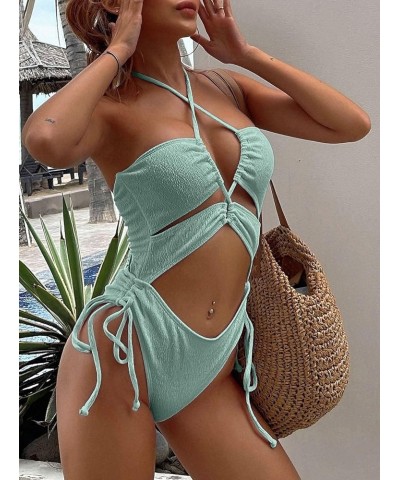 Womens One Piece Swimsuit Sexy Ribbed Monokini High Waisted Cutout Bathing Suit Light Green $16.10 Swimsuits